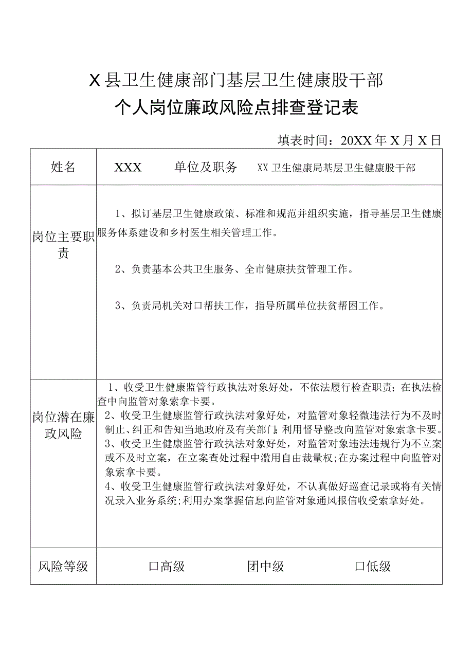 X县卫生健康部门基层卫生健康股干部个人岗位廉政风险点排查登记表.docx_第1页