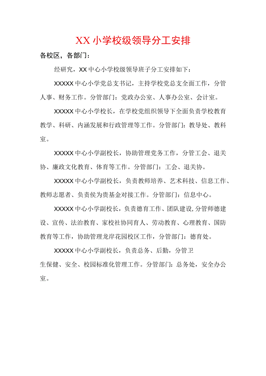 XX小学校级领导分工安排.docx_第1页