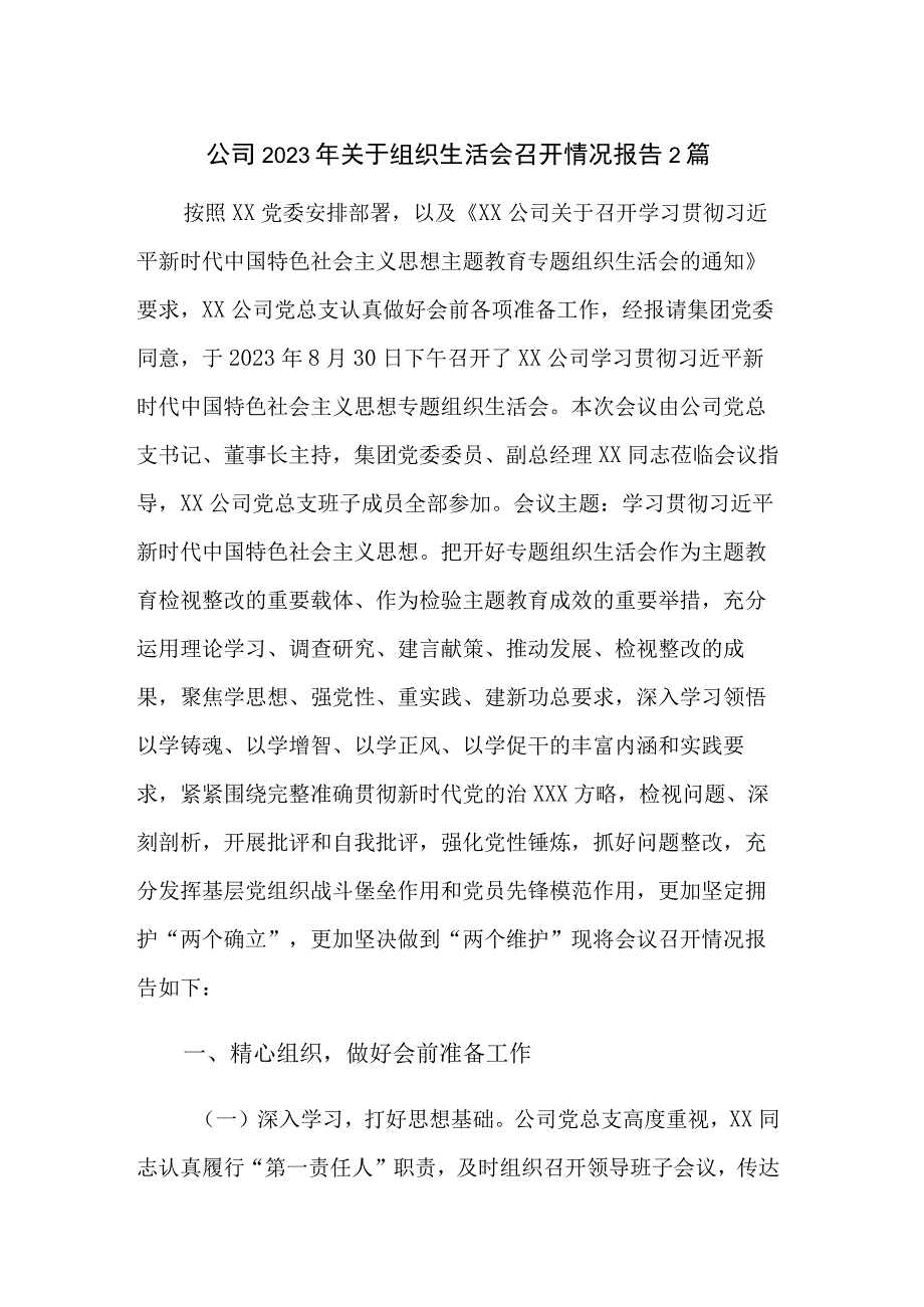 公司2023年关于组织生活会召开情况报告2篇.docx_第1页