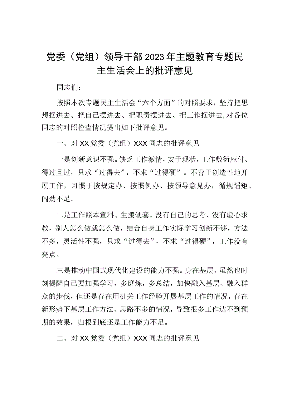 党委（党组）领导干部2023年主题教育专题民主生活会上的批评意见.docx_第1页