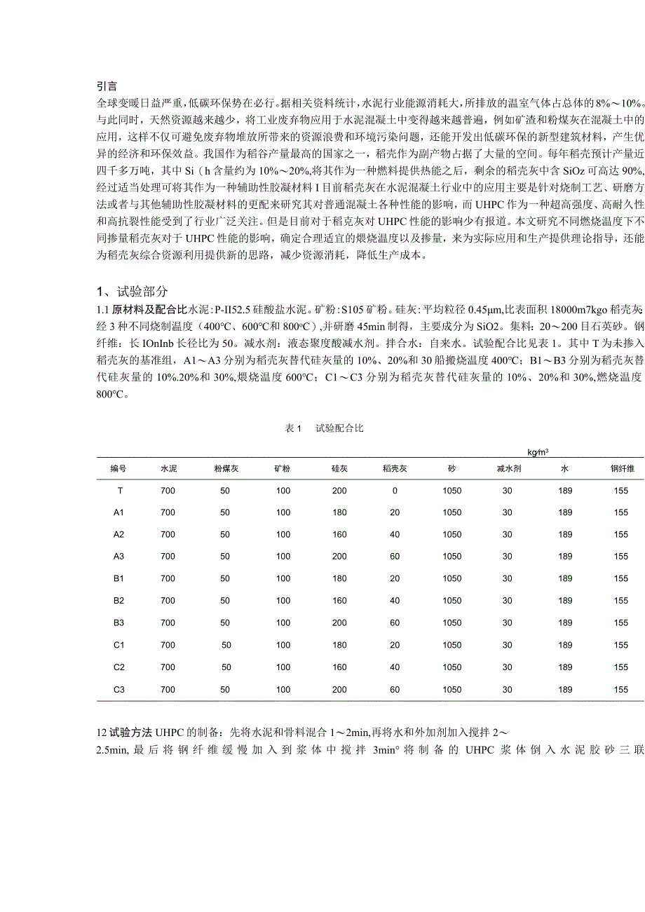 不同煅烧温度稻壳灰对超高性能混凝土性能的影响研究.docx_第1页