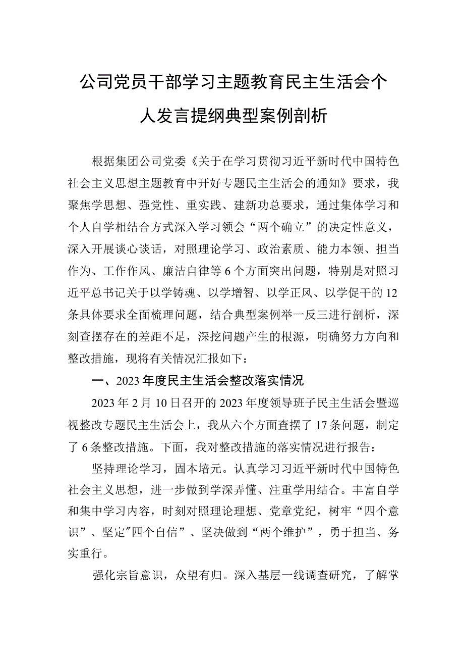 公司党员干部学习主题教育民主生活会个人发言提纲典型案例剖析.docx_第1页