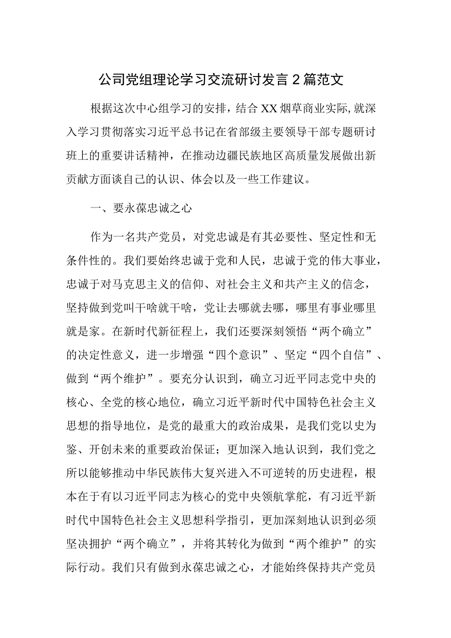 公司党组理论学习交流研讨发言2篇范文.docx_第1页