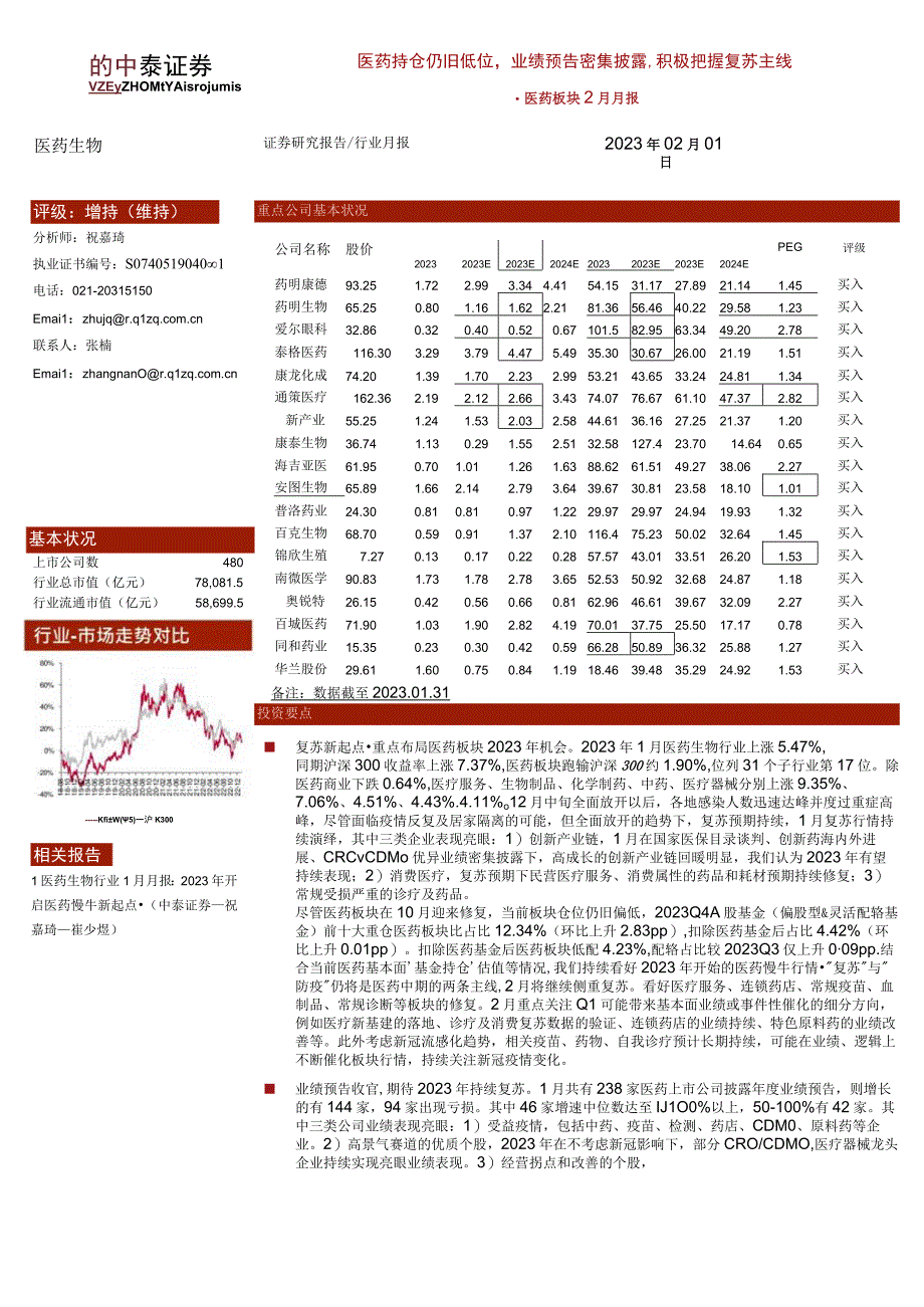 【医疗研报】医药板块2月月报：医药持仓仍旧低位业绩预告密集披露积极把握复苏主线-20230201.docx_第1页