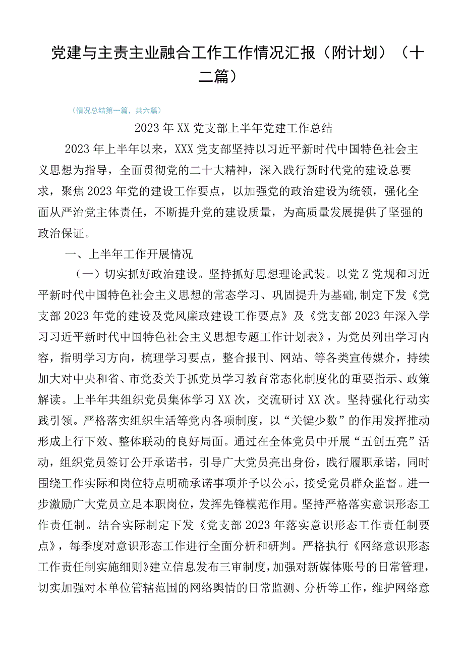 党建与主责主业融合工作工作情况汇报（附计划）（十二篇）.docx_第1页