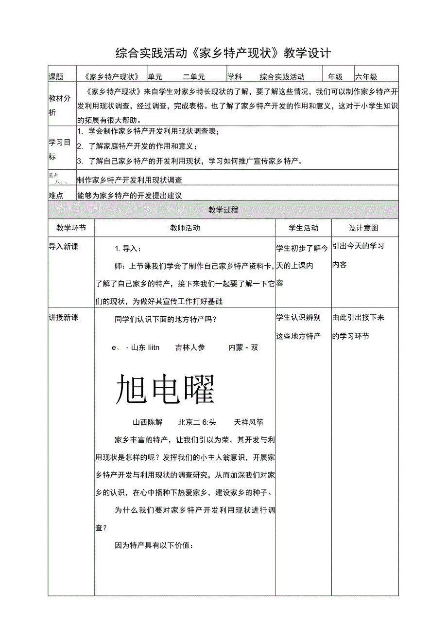 【鲁科版】《综合实践活动》六上二、《家乡特产现状》教案.docx_第1页