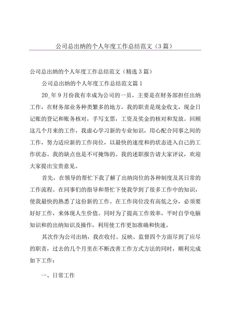 公司总出纳的个人年度工作总结范文（3篇）.docx_第1页