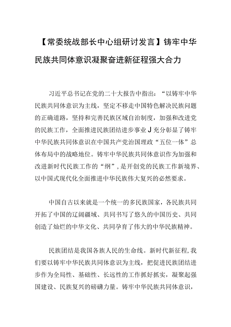 【常委统战部长中心组研讨发言】铸牢中华民族共同体意识 凝聚奋进新征程强大合力.docx_第1页