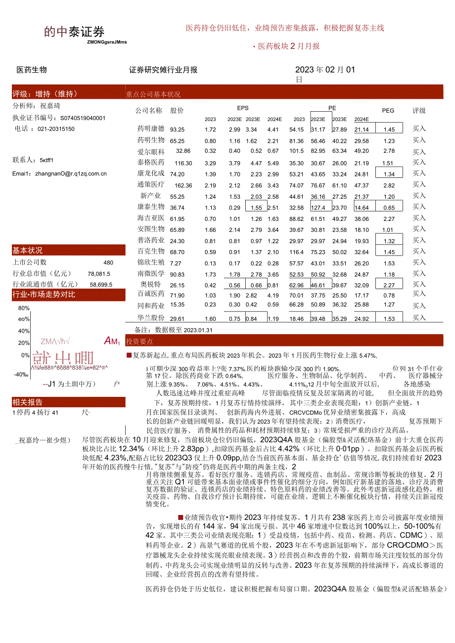 【医疗研报】医药行业板块2月月报：医药持仓仍旧低位业绩预告密集披露积极把握复苏主线-202302.docx_第1页