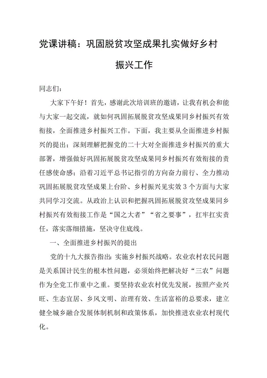 党课：巩固脱贫攻坚成果 扎实做好乡村振兴工作.docx_第1页