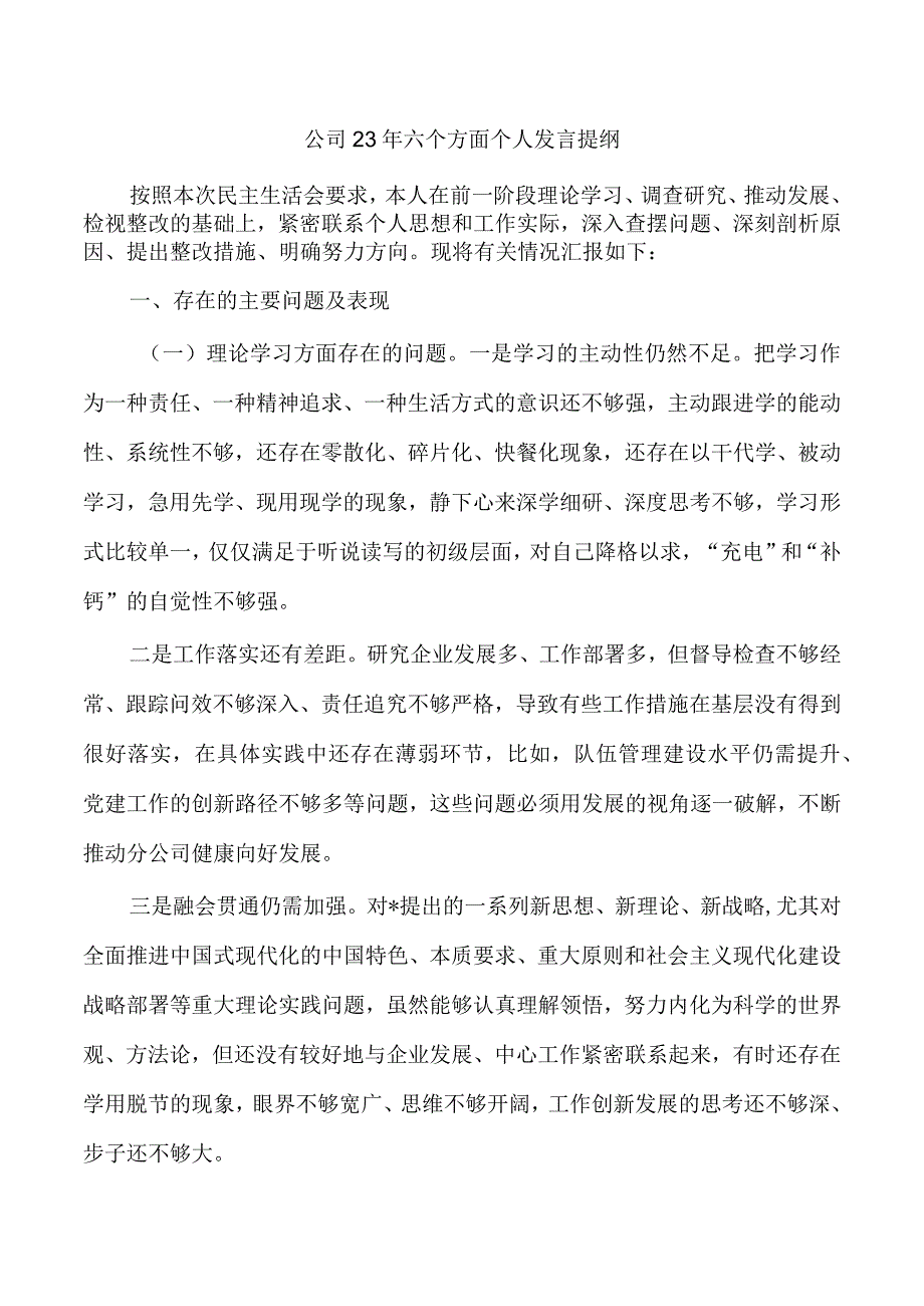 公司23年六个方面个人发言提纲.docx_第1页