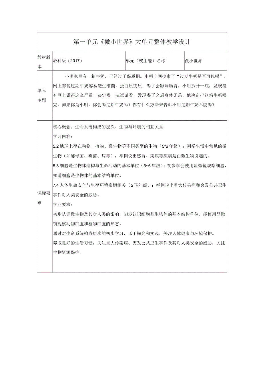 【大单元整体教学】教科版科学六上第一单元《微小世界》单元整体分析.docx_第1页