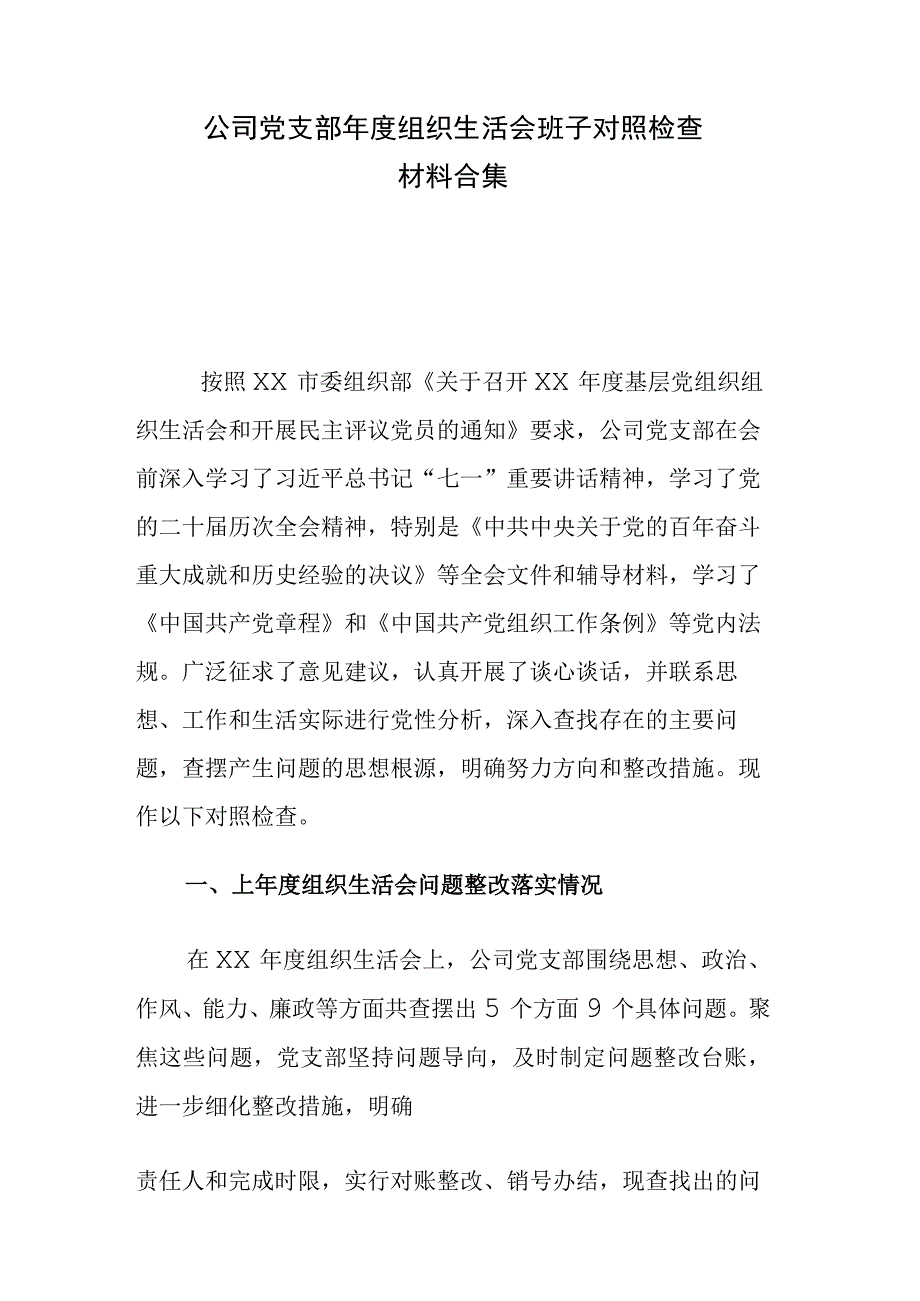 公司党支部年度组织生活会班子对照检查材料合集.docx_第1页