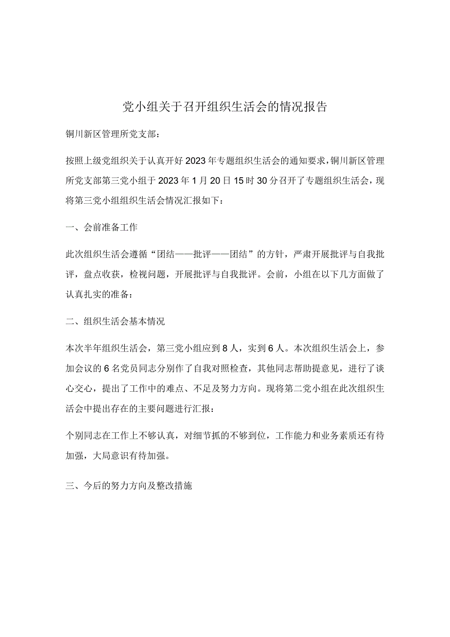 党小组关于召开组织生活会的情况报告.docx_第1页