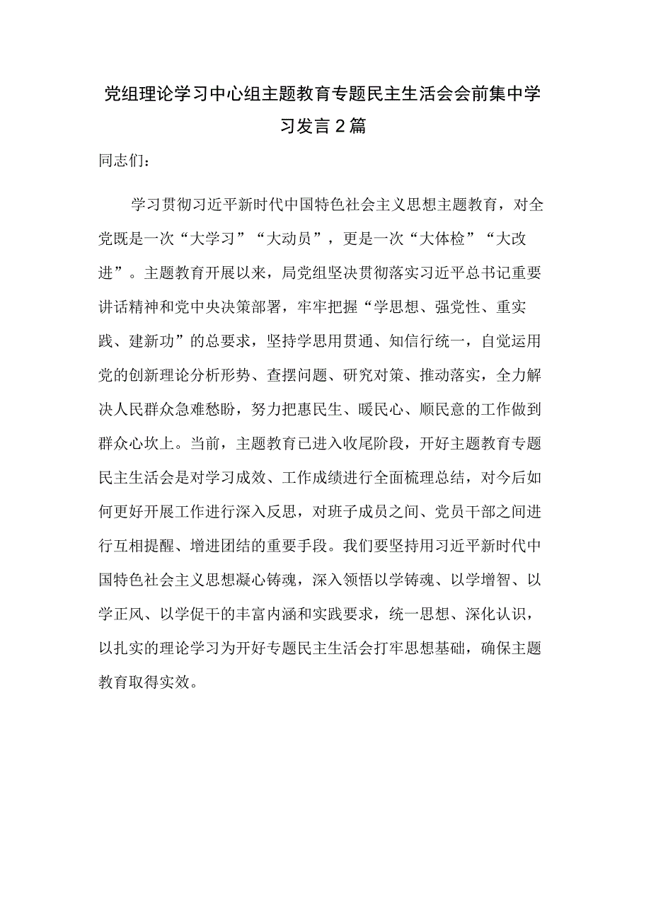 党组理论学习中心组主题教育专题民主生活会会前集中学习发言2篇.docx_第1页