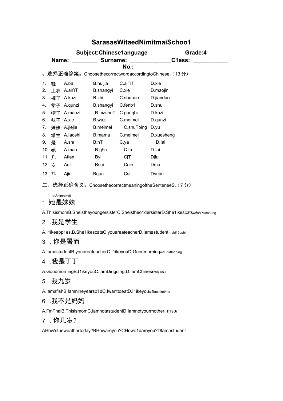 对外汉语小学中文汉语初级试卷设计四年级.docx_第1页