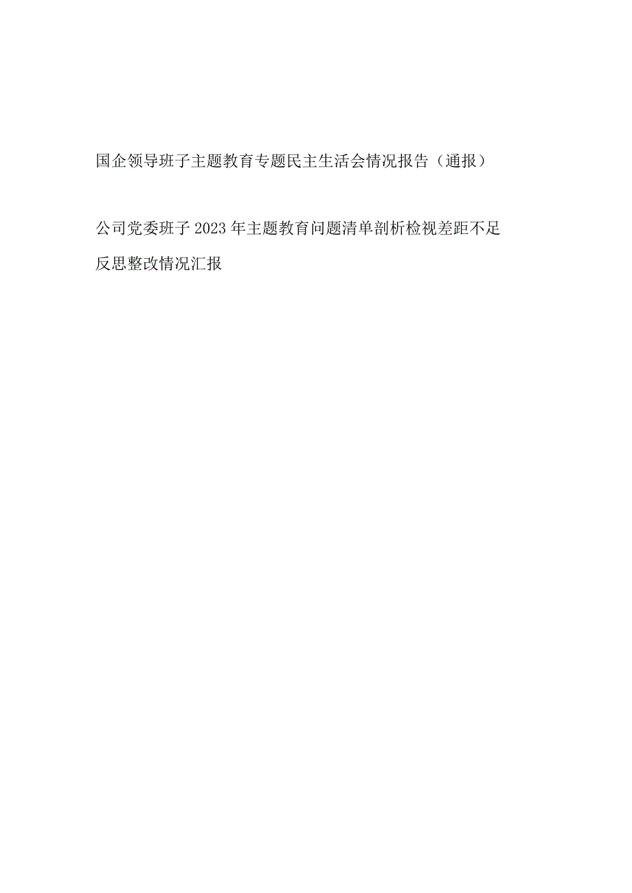 国企公司领导班子主题教育专题民主生活会情况报告通报和存在问题检视剖析整改情况汇报.docx_第1页