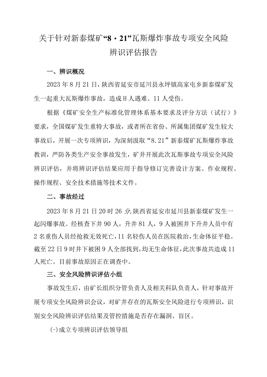 关于针对“8.21“新泰煤矿瓦斯爆炸事故专项安全风险辨识评估报告 - 副本.docx_第1页