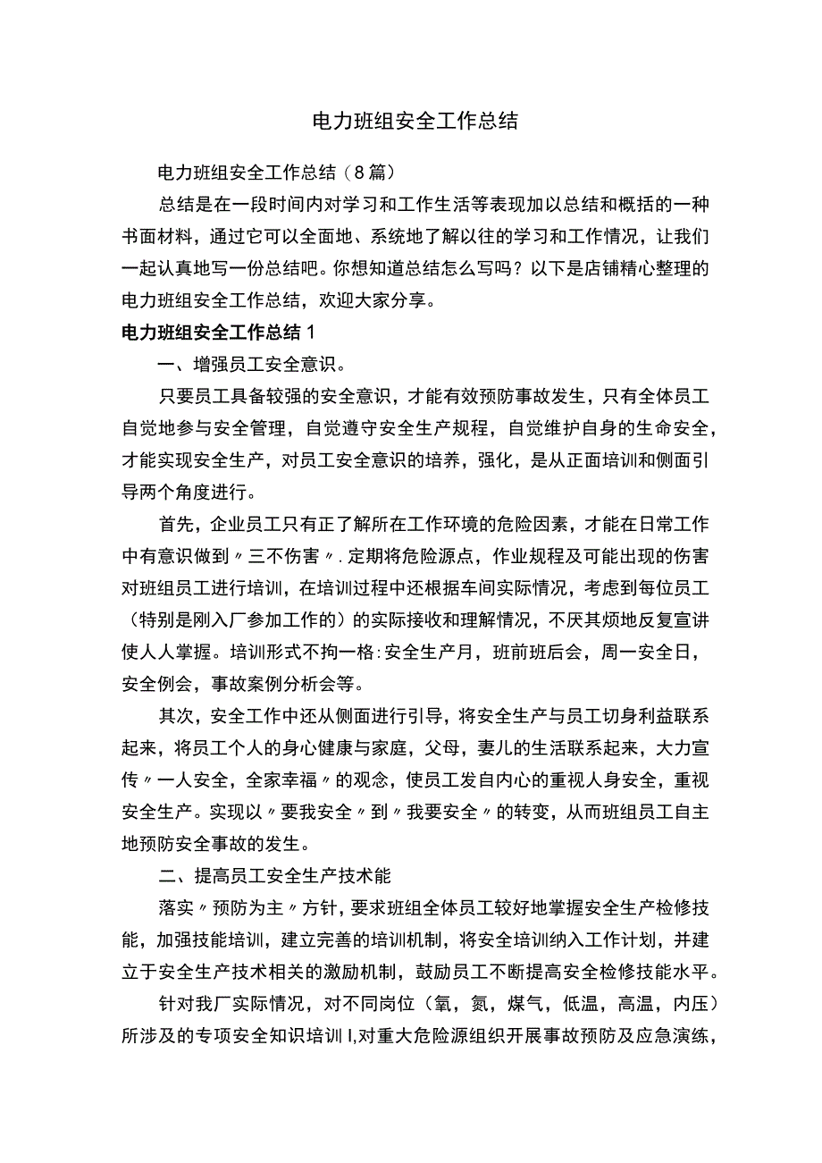 电力班组安全工作总结.docx_第1页