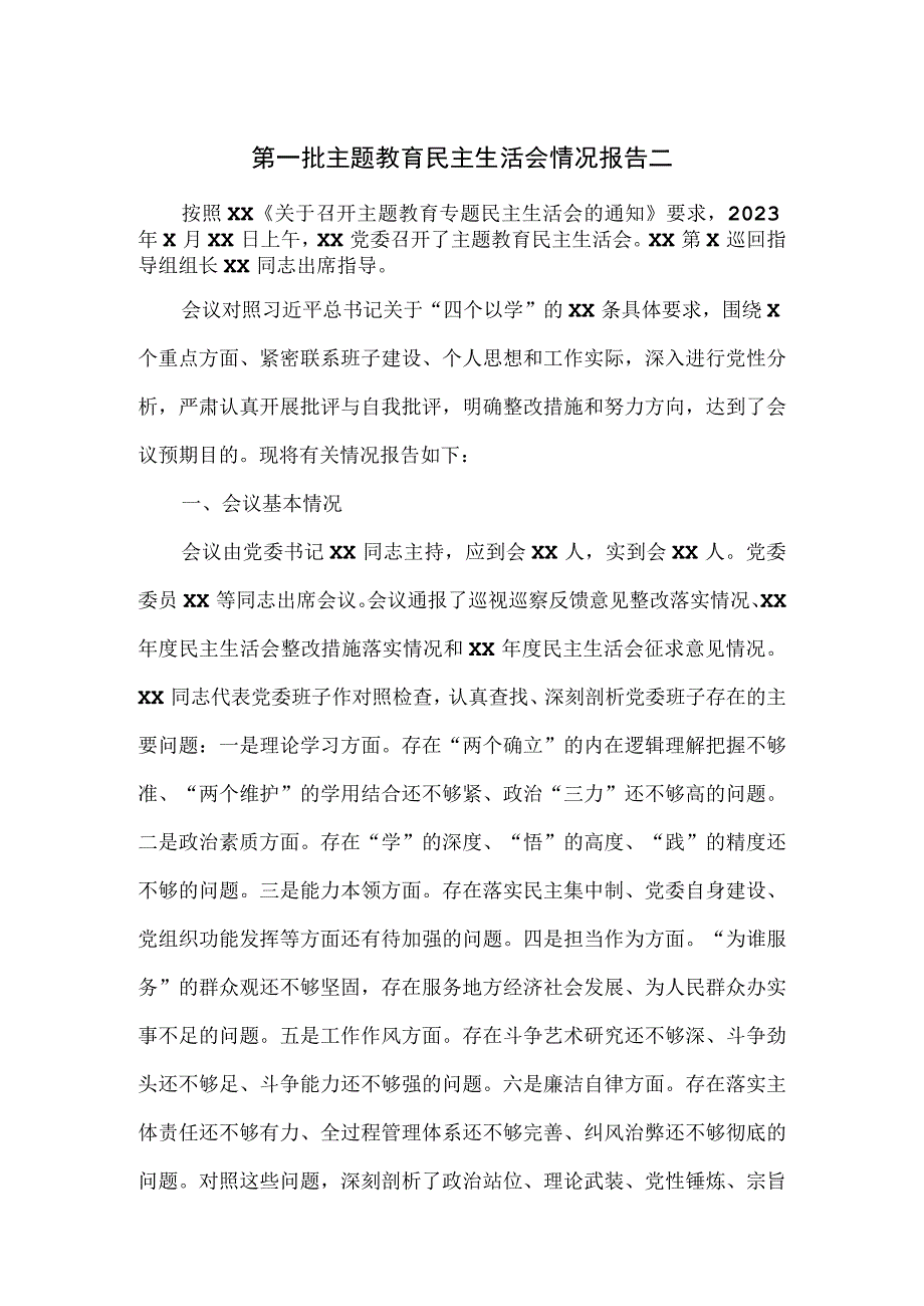 第一批主题教育民主生活会情况报告二.docx_第1页