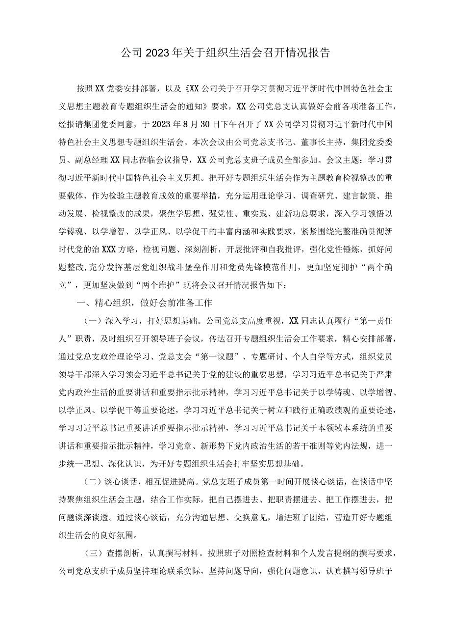 （2篇）公司2023年关于组织生活会召开情况报告+公司领导班子民主生活会召开情况报告.docx_第1页