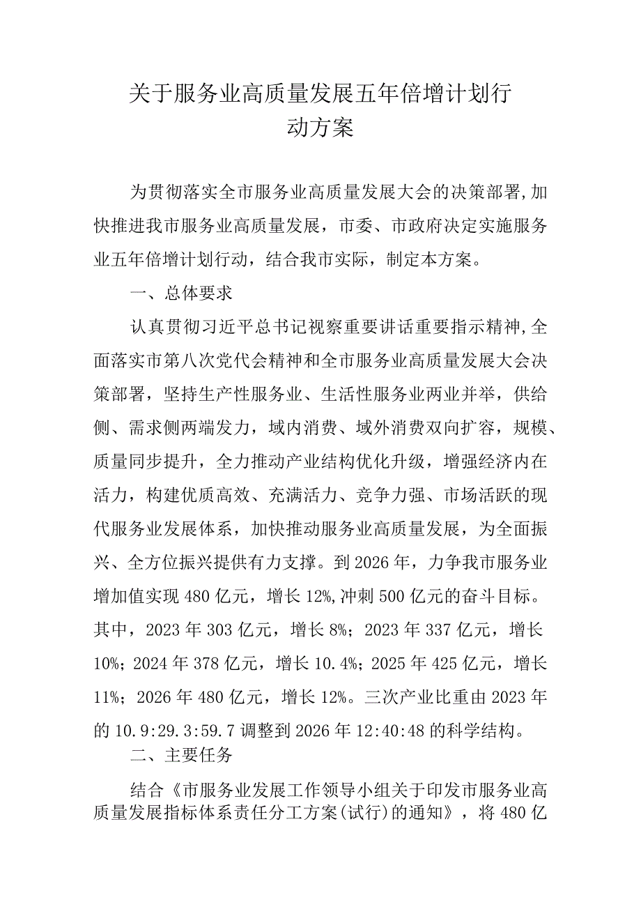 关于服务业高质量发展五年倍增计划行动方案.docx_第1页