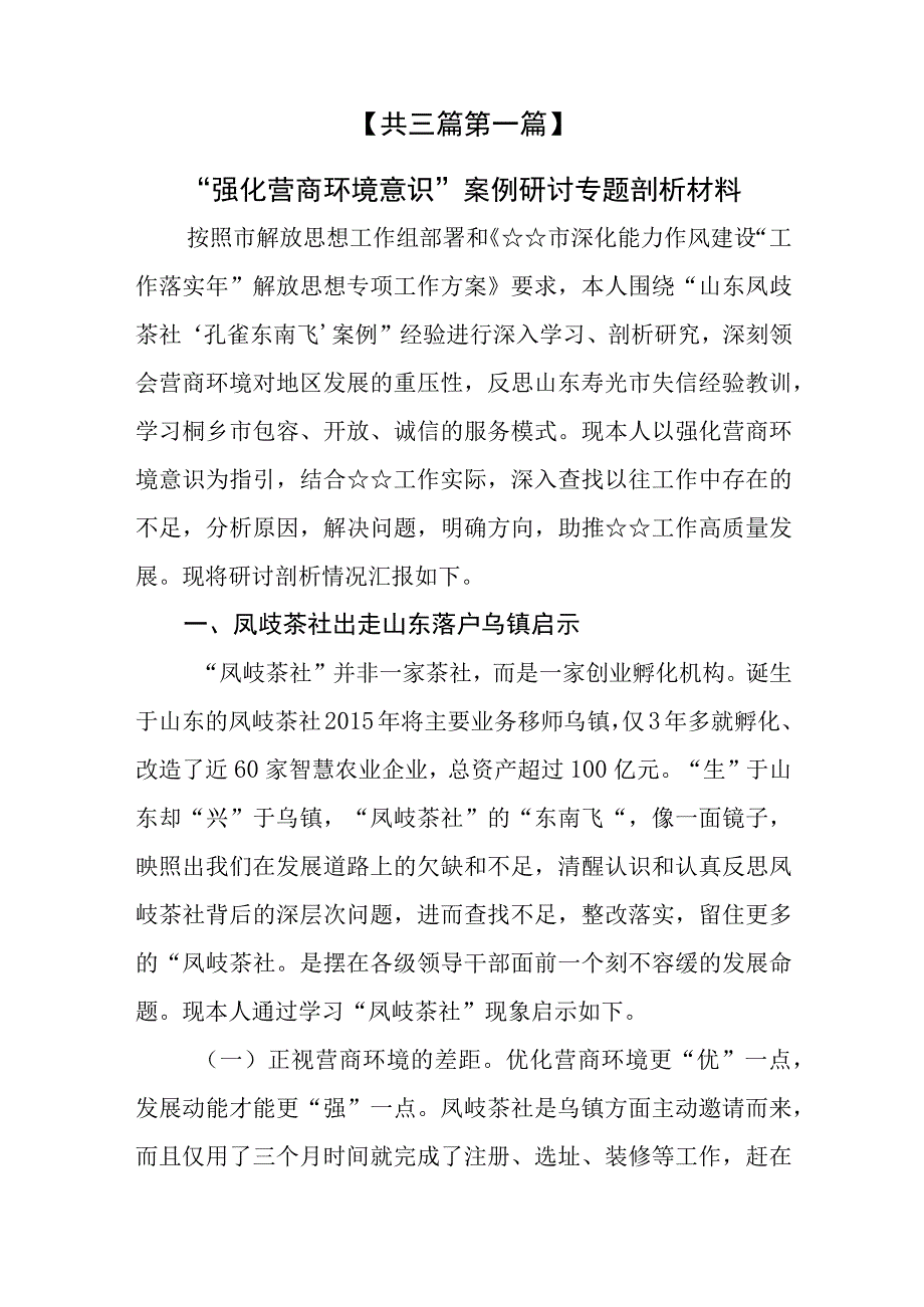 （3篇）解放思想“强化营商环境意识”案例研讨专题剖析材料及研讨发言材料.docx_第2页