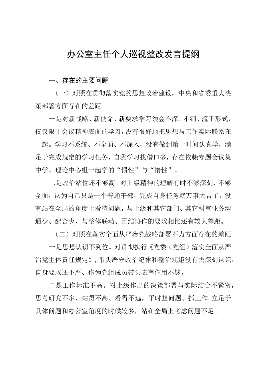 办公室主任个人巡视整改发言提纲.docx_第1页