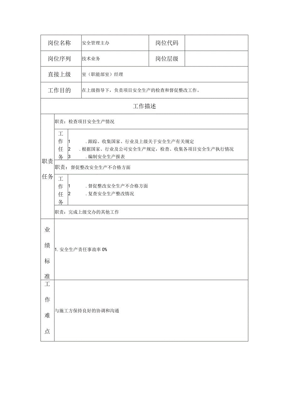 工程监理类岗位说明书-安全管理主办.docx_第1页