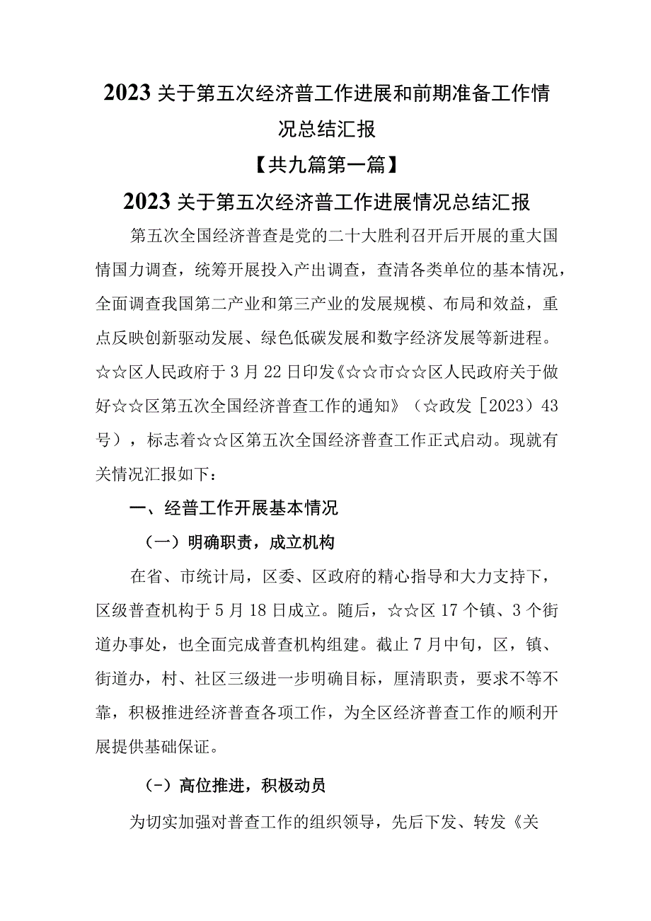 （9篇）2023关于第五次经济普工作进展和前期准备工作情况总结汇报.docx_第1页