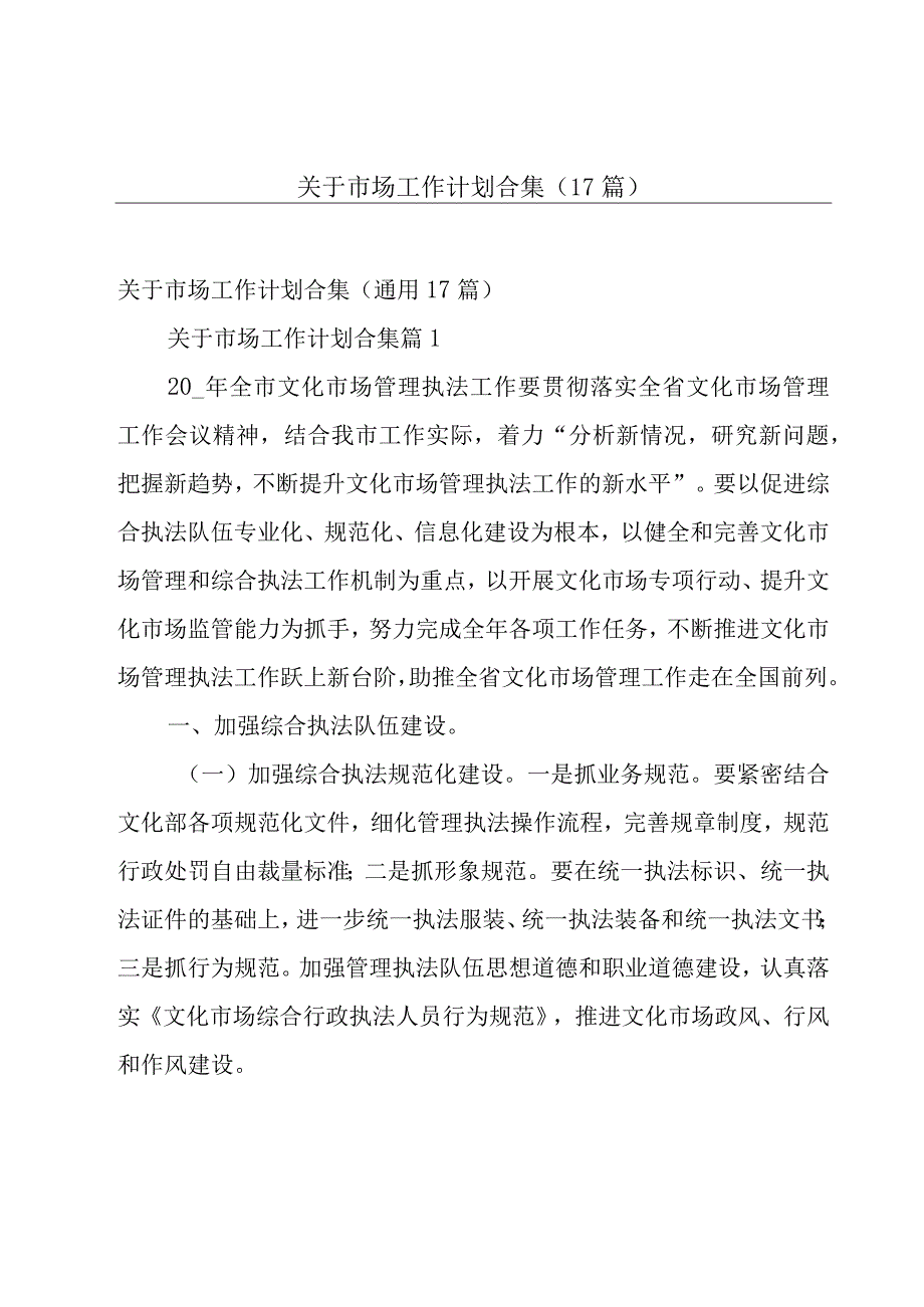 关于市场工作计划合集（17篇）.docx_第1页