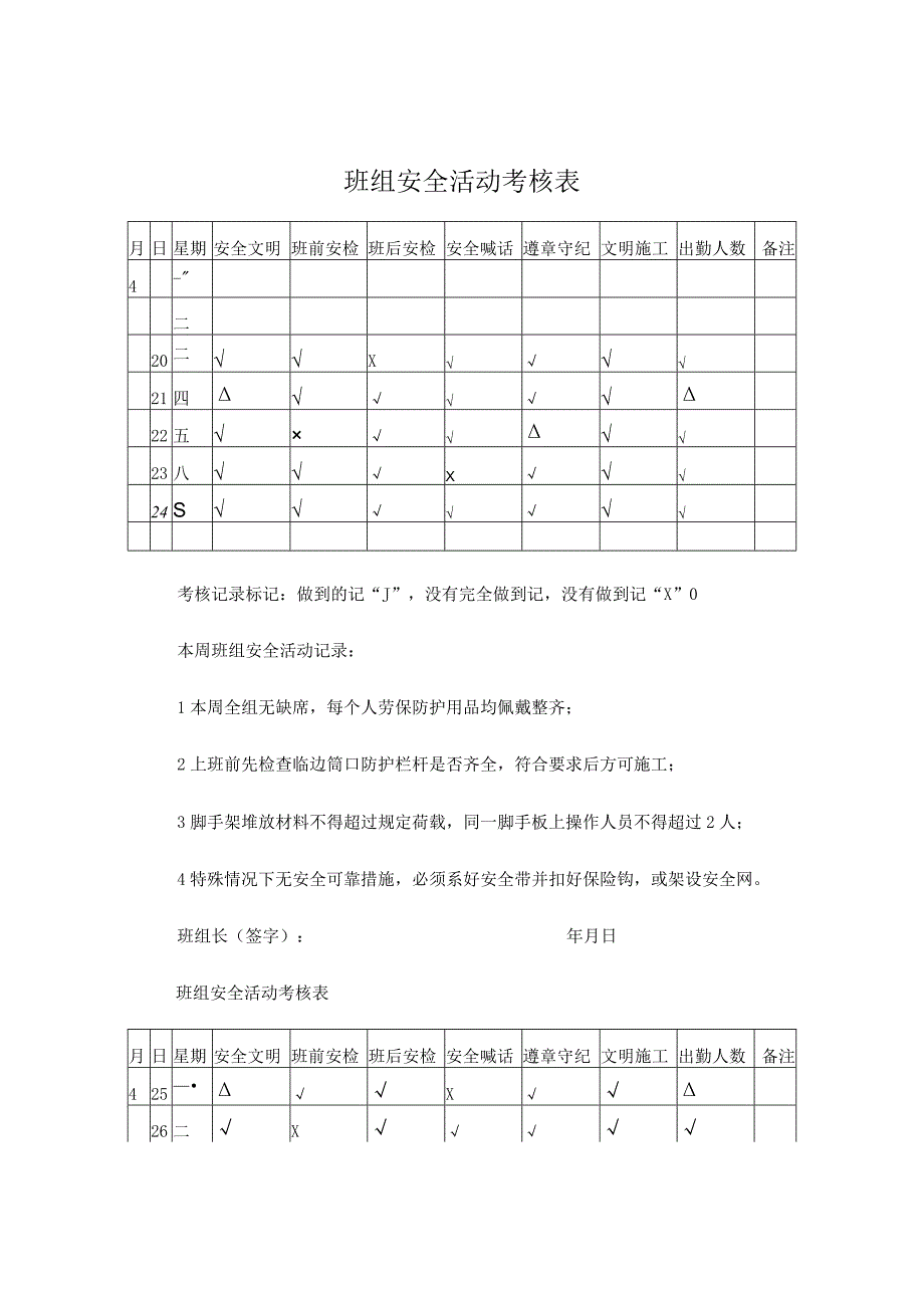 班组安全活动考核表.docx_第1页