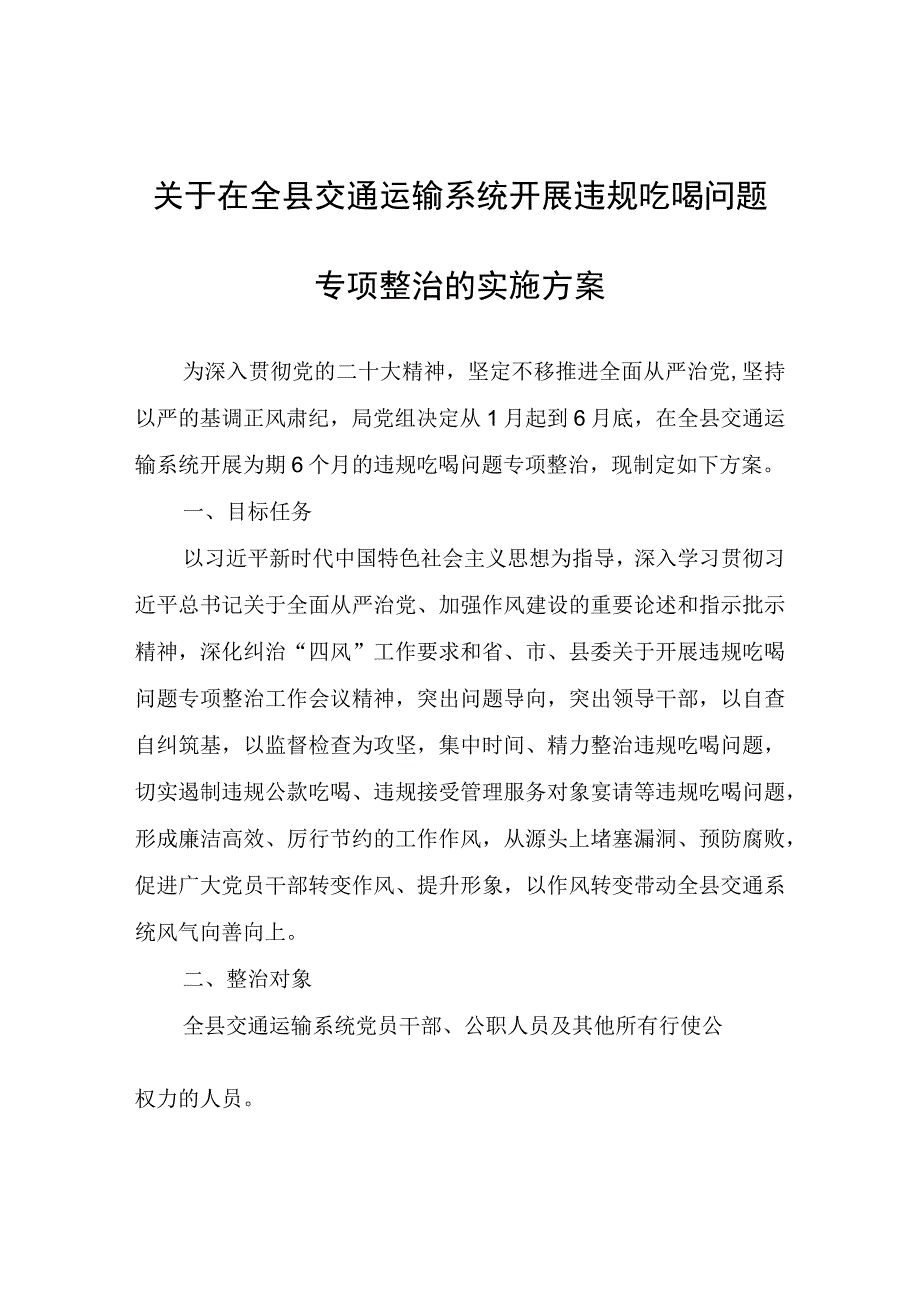 关于在全县交通运输系统开展违规吃喝问题专项整治的实施方案.docx_第1页