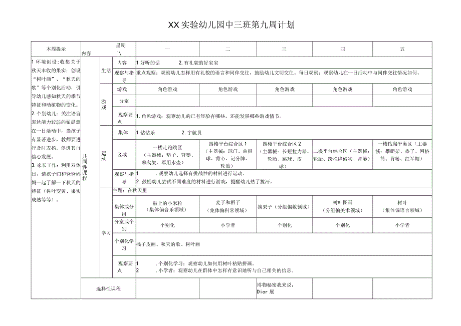 反思 XX实验幼儿园中三班第九周计划 在秋天里 （钻钻乐 宇航员）改.docx_第1页