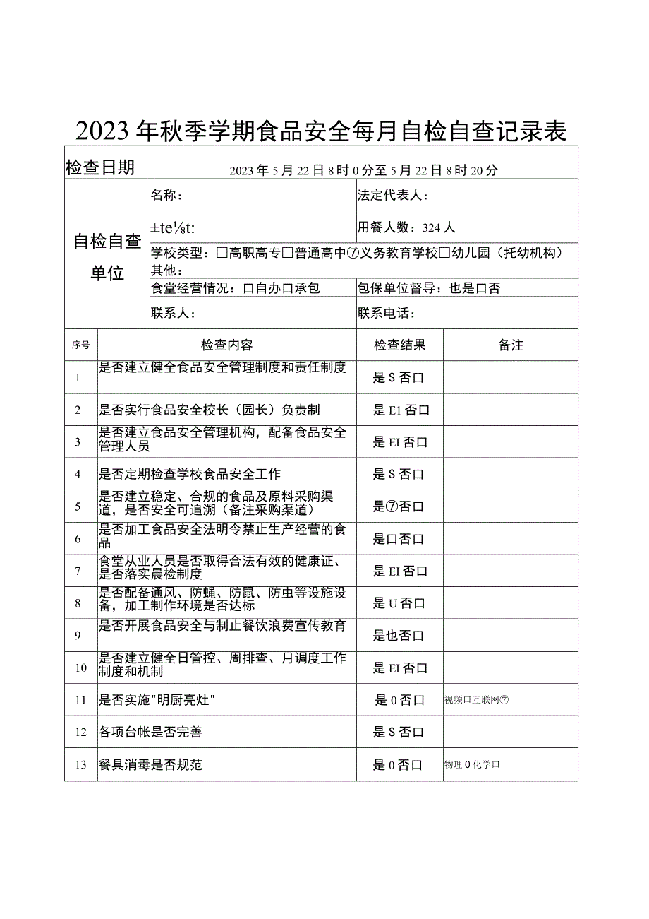 坝上小学秋季学期食品安全每月自检自查记录表.docx_第1页