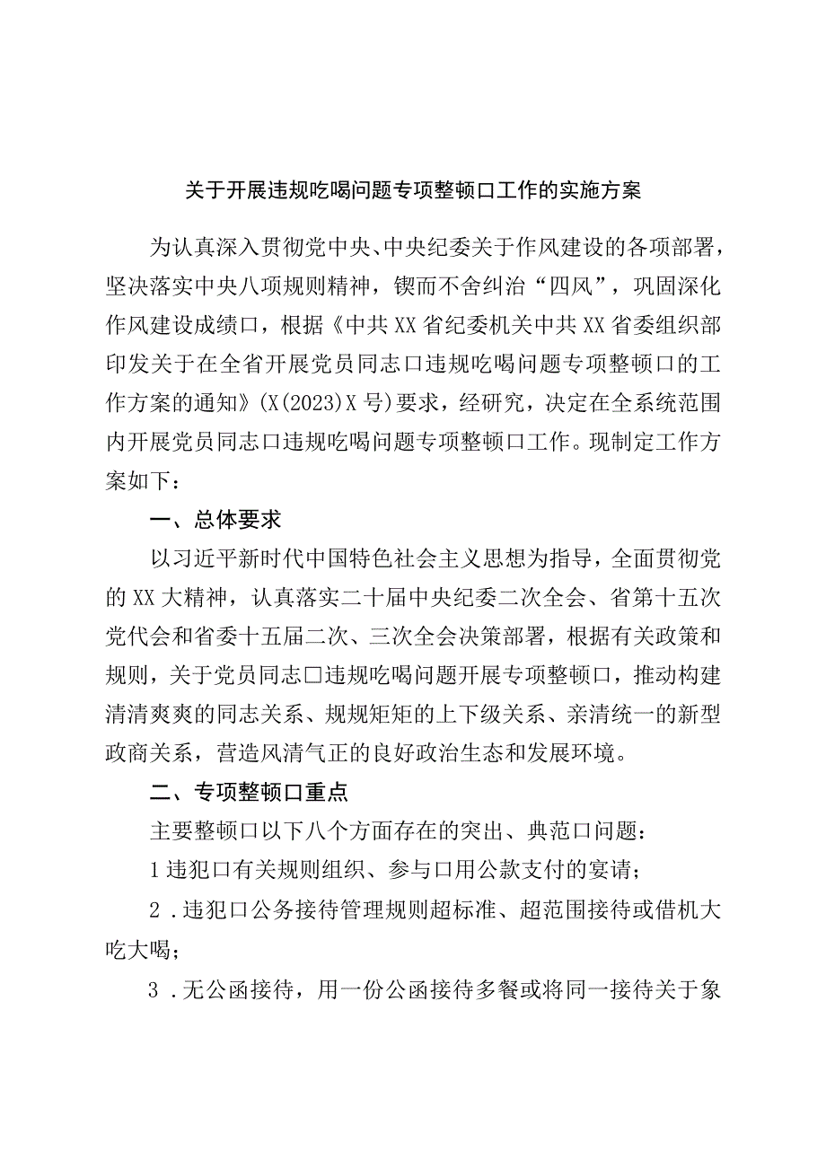 关于开展违规吃喝问题专项整治工作的实施方案.docx_第1页