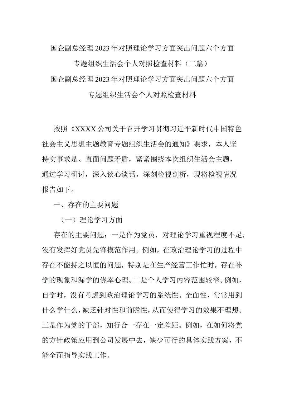 国企副总经理2023年对照理论学习方面突出问题六个方面专题组织生活会个人对照检查材料(二篇).docx_第1页