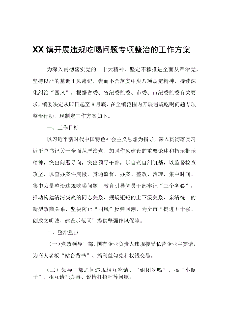 关于XX镇开展违规吃喝问题专项整治的工作方案.docx_第1页