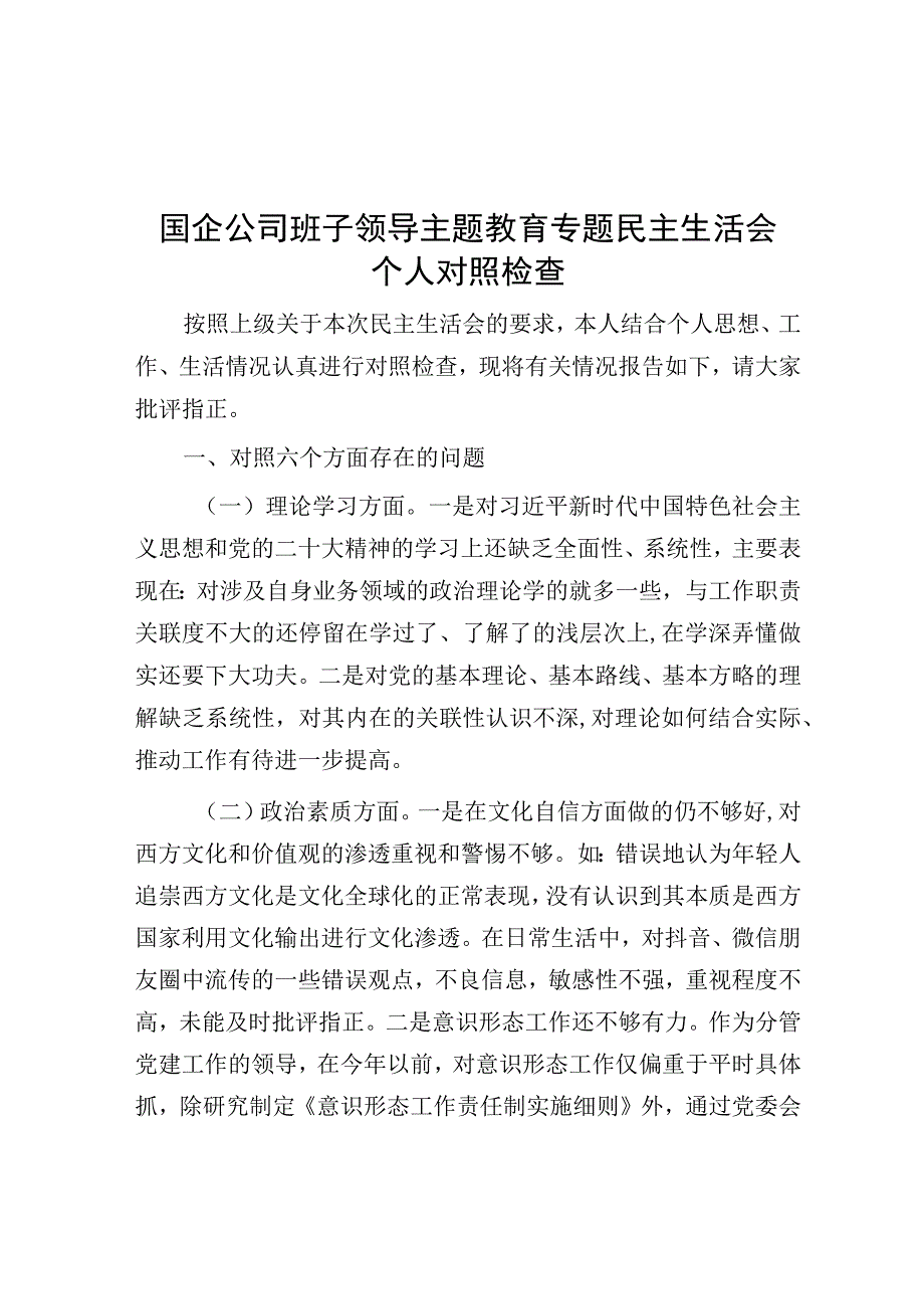 国企公司班子领导主题教育专题民主生活会个人对照检查.docx_第1页