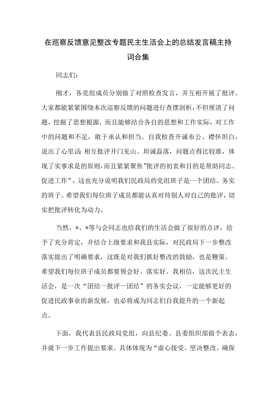 在巡察反馈意见整改专题民主生活会上的总结发言稿主持词合集.docx_第1页