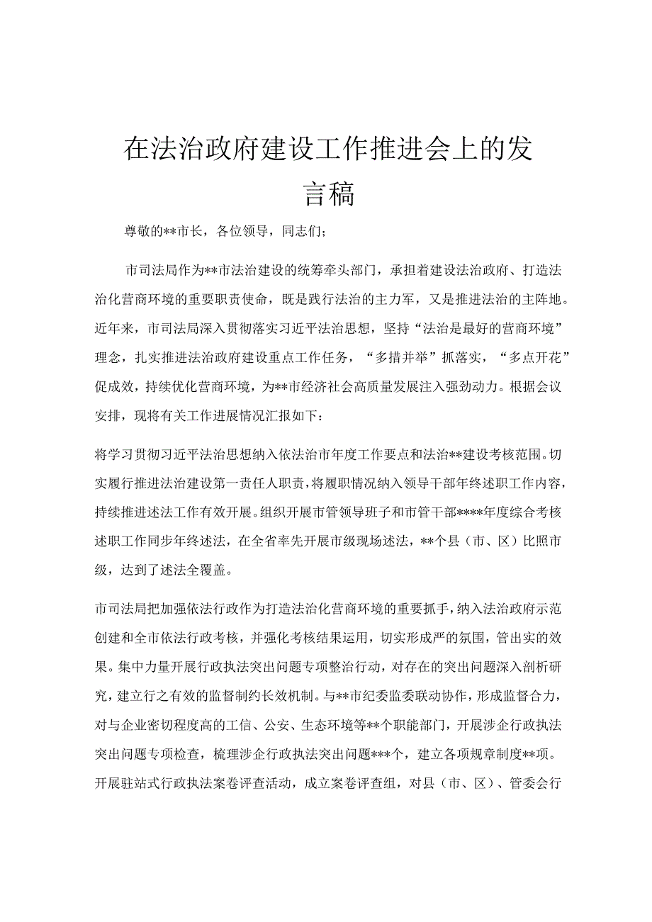 在法治政府建设工作推进会上的发言稿.docx_第1页