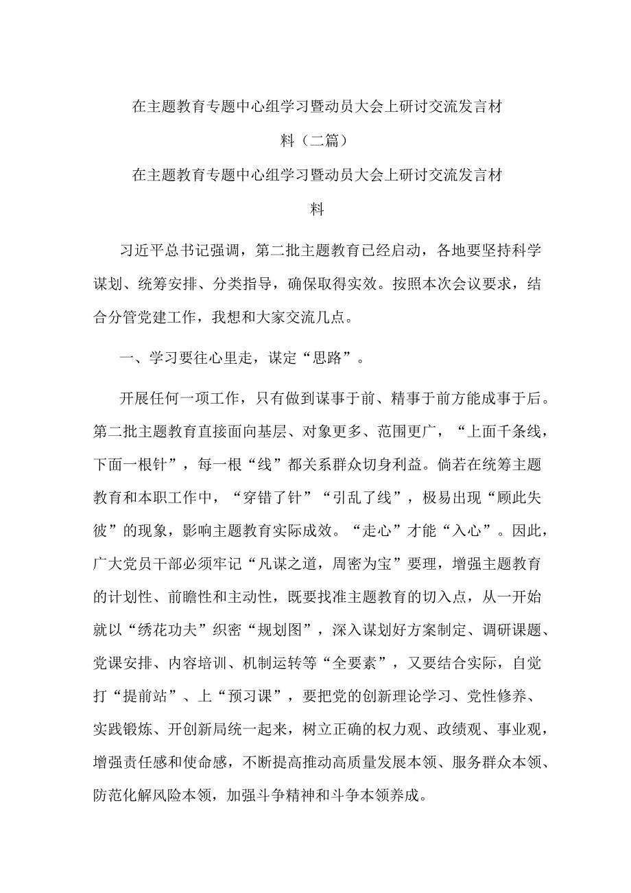 在主题教育专题中心组学习暨动员大会上研讨交流发言材料(二篇).docx_第1页