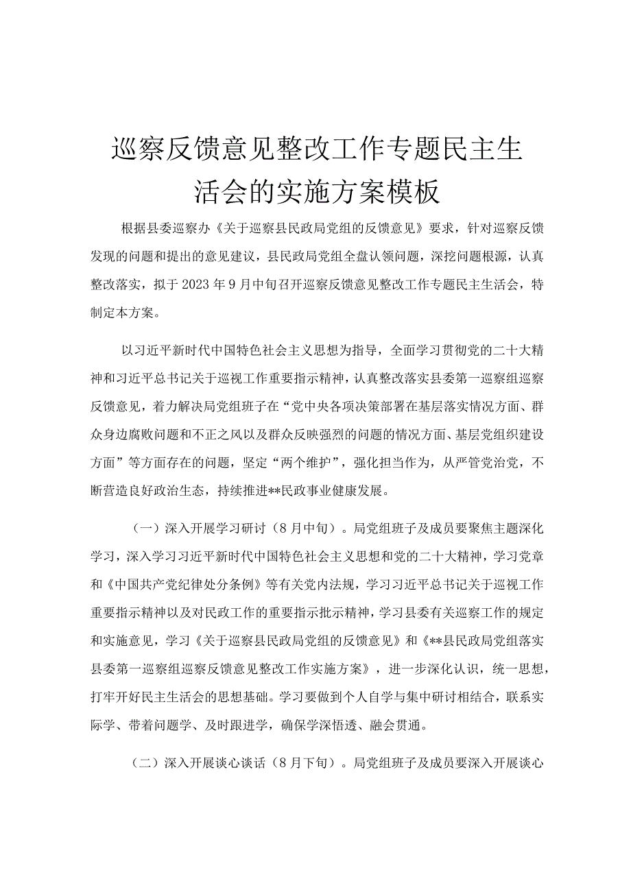 巡察反馈意见整改工作专题民主生活会的实施方案模板.docx_第1页