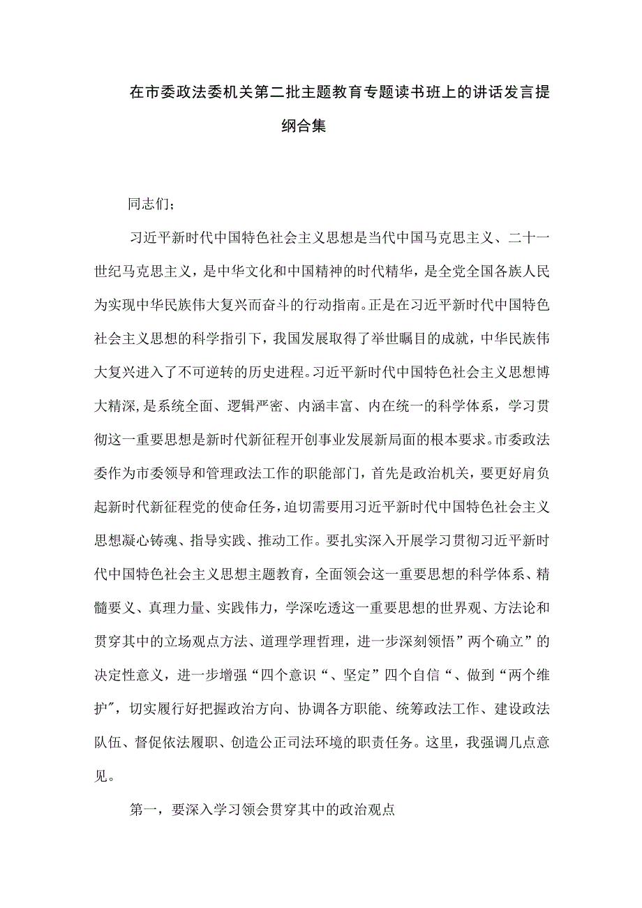 在市委政法委机关第二批主题教育专题读书班上的讲话发言提纲合集.docx_第1页