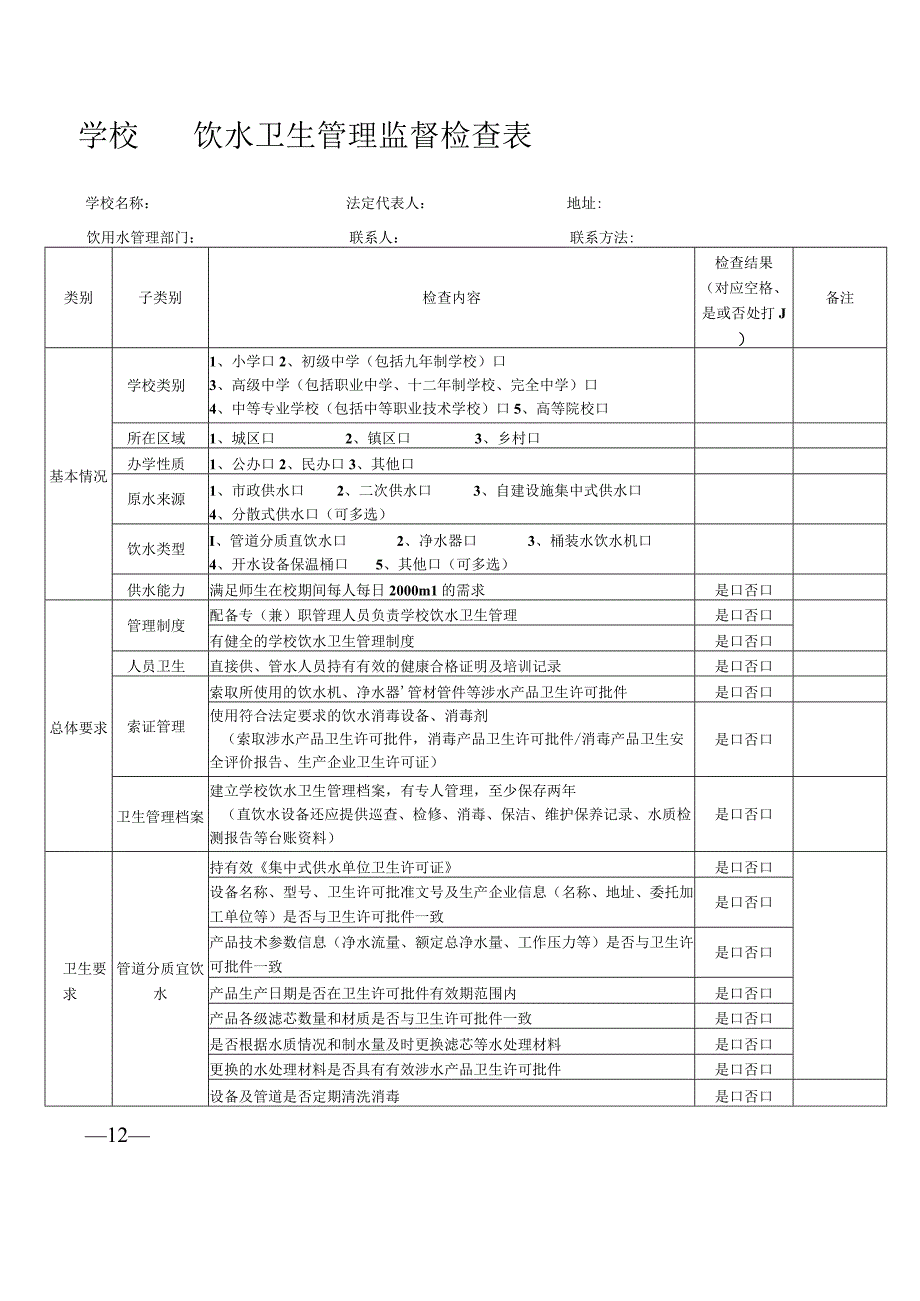 学校饮水卫生管理监督检查表.docx_第1页