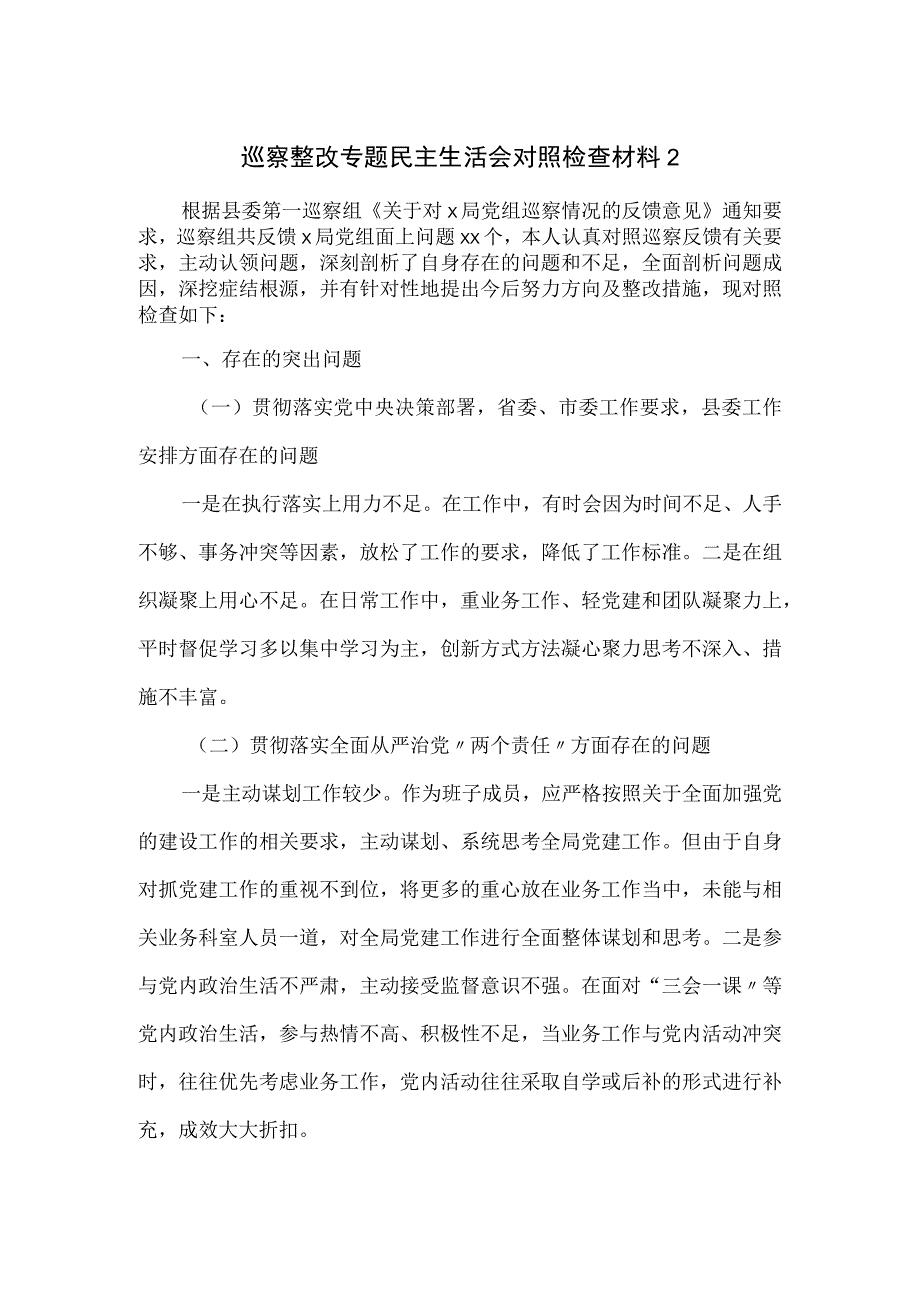 巡察整改专题民主生活会对照检查材料二.docx_第1页