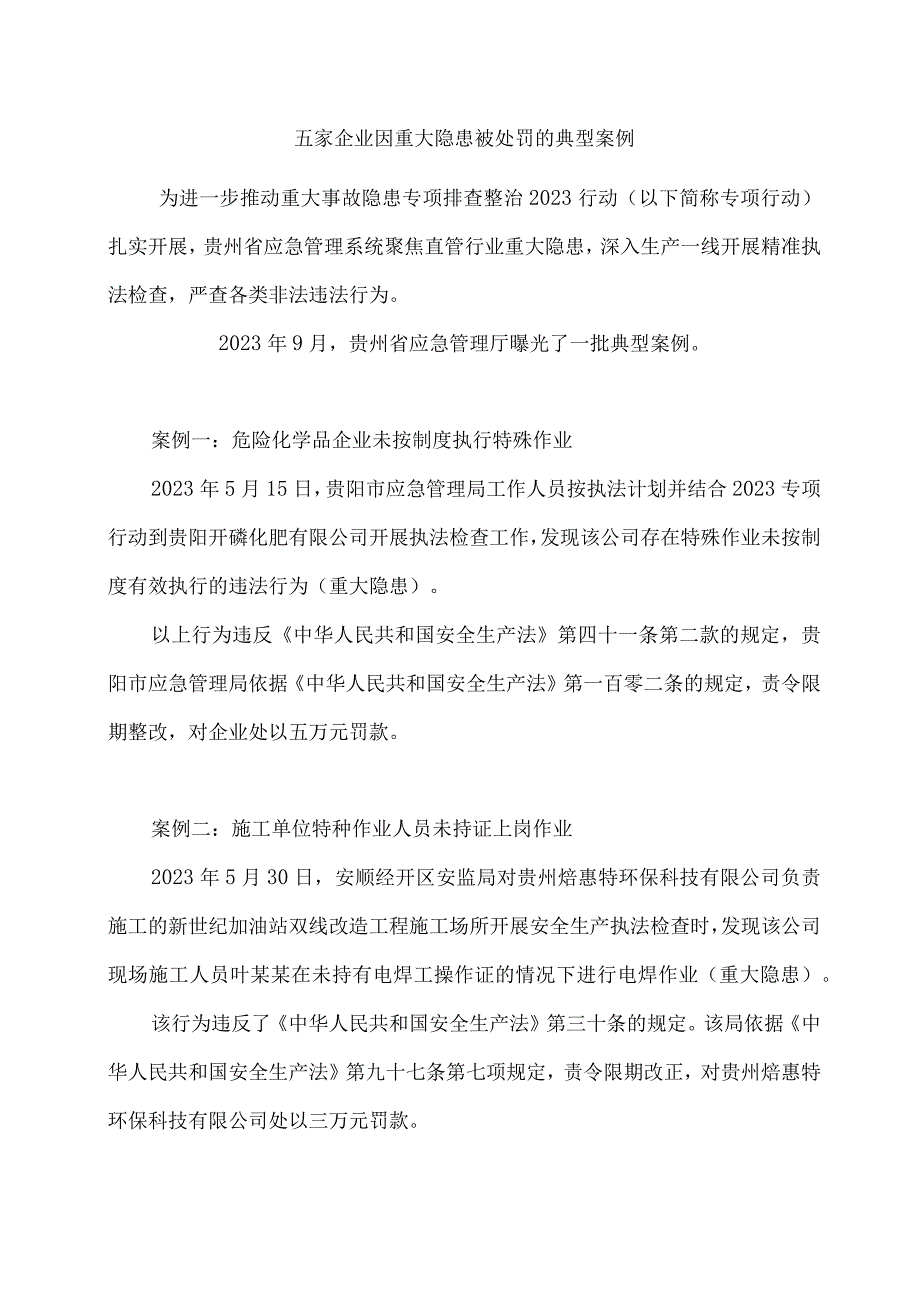 五家企业因重大隐患被处罚的典型案例.docx_第1页