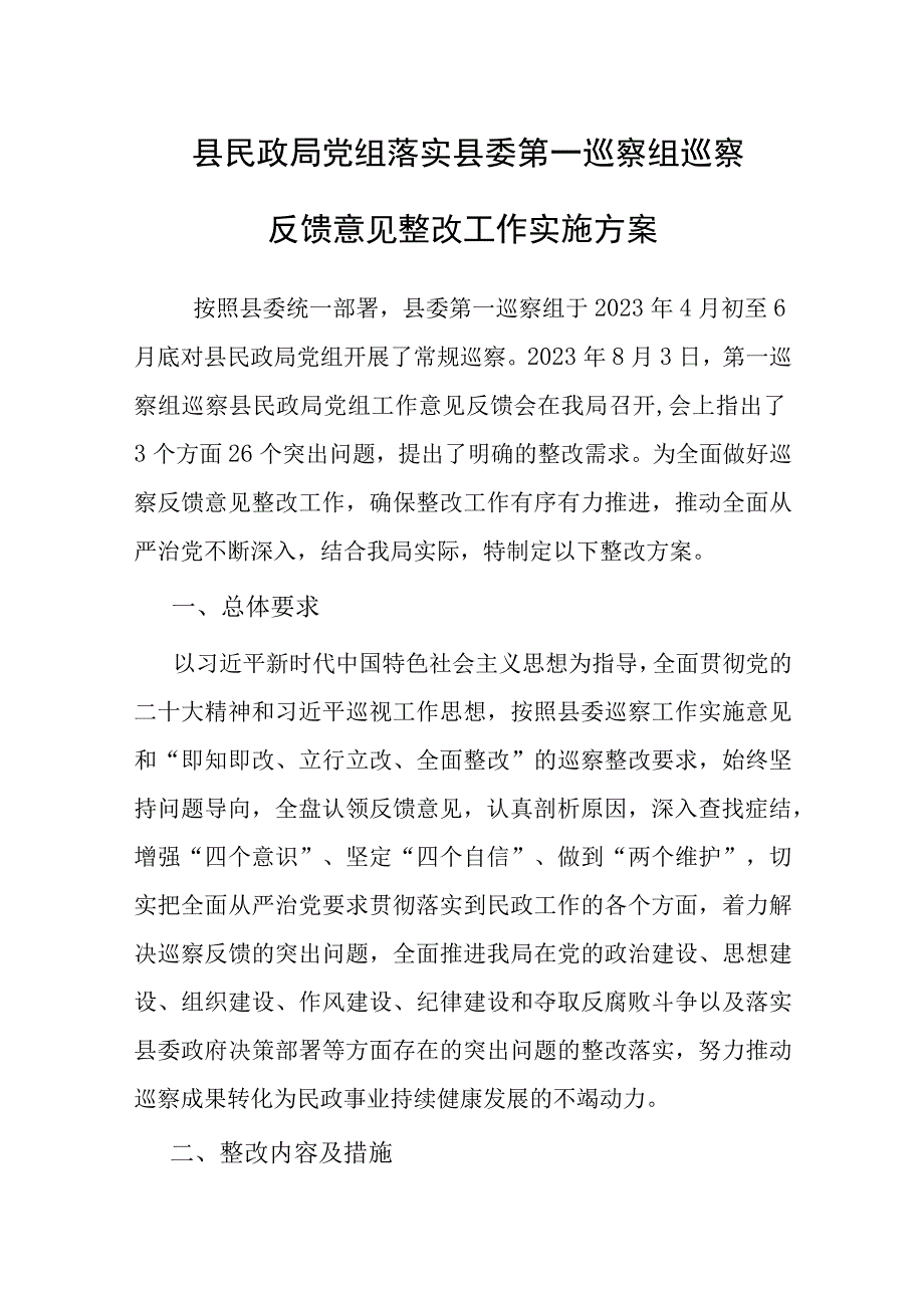 县民政局党组落实县委第一巡察组巡察反馈意见整改工作实施方案.docx_第1页