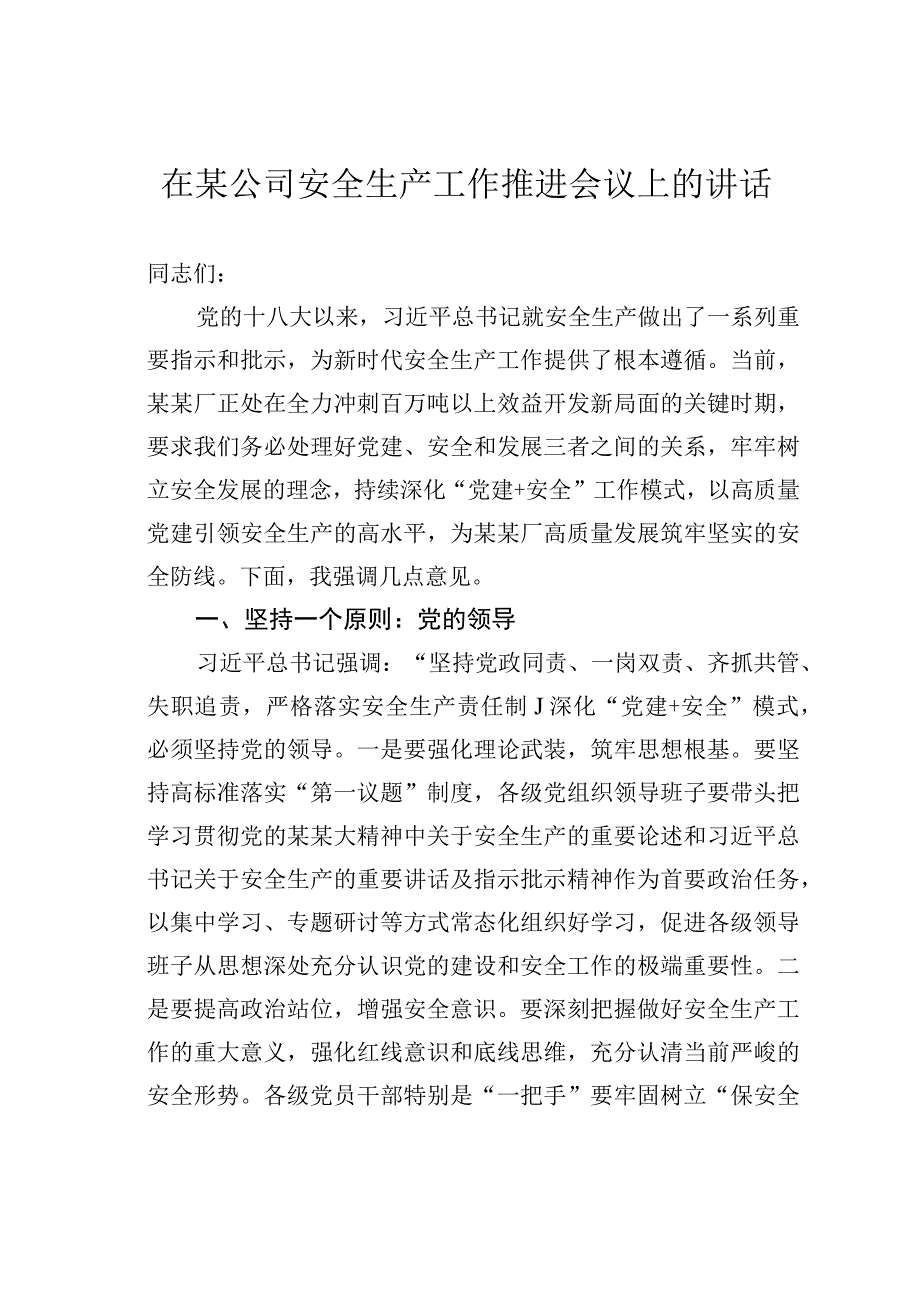 在某公司安全生产工作推进会议上的讲话.docx_第1页