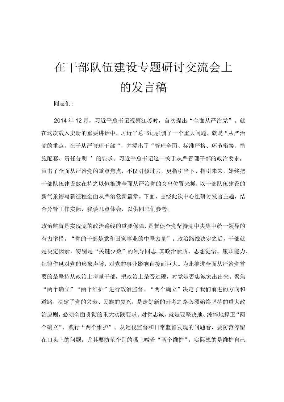 在干部队伍建设专题研讨交流会上的发言稿.docx_第1页